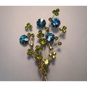Alice Caviness Peacock Blue Margarita Rhinestone Brooch Vintage Pin